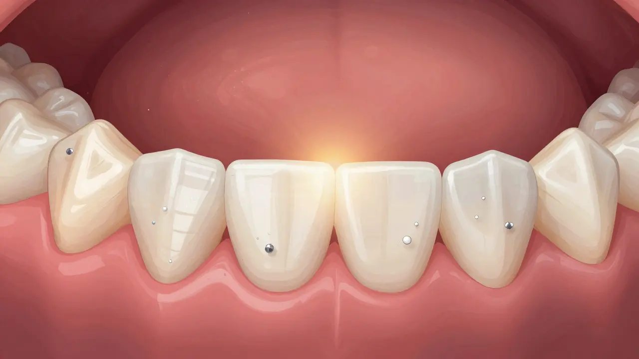 Close-up of teeth with white spots being repaired by microscopic mineral deposits.