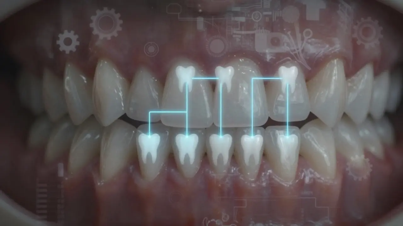 Digital roadmap overlay on a face showing tooth movement toward perfect alignment.