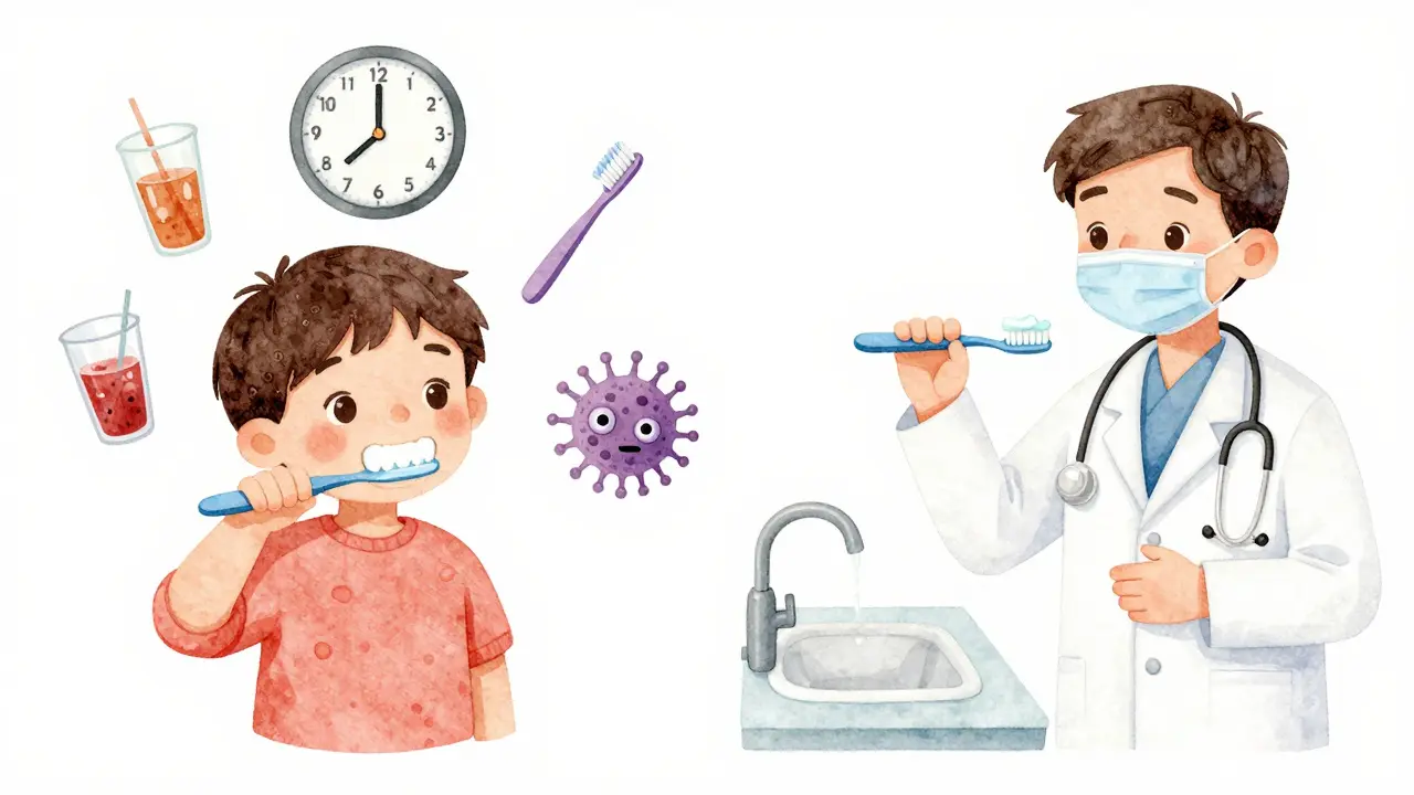 Dítě čistí zuby jen 30 sekund, zatímco kolem něj plavou symboly nezdravé stravy a špatné techniky čištění.