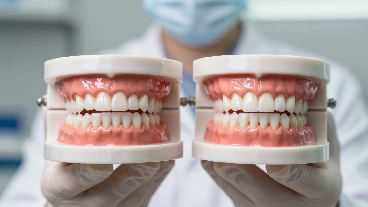 Dva soubory zubů vedle sebe: jeden bělený páskami s nekonzistentní barvou, druhý profesionálně bělený s přirozenou barvou.