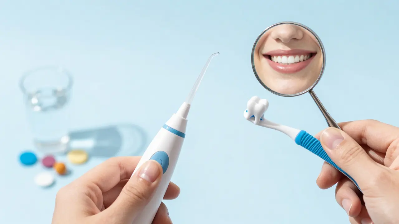 Hand using water floss and interdental brush to clean teeth, reflecting a healthy smile.