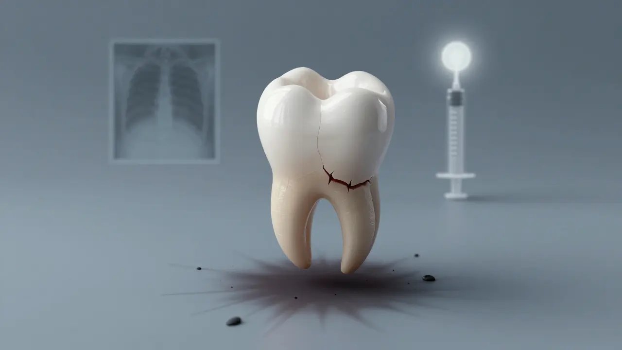 Korunka nad prasklým kořenem zubu, kolem něj se šíří stíny infekce.