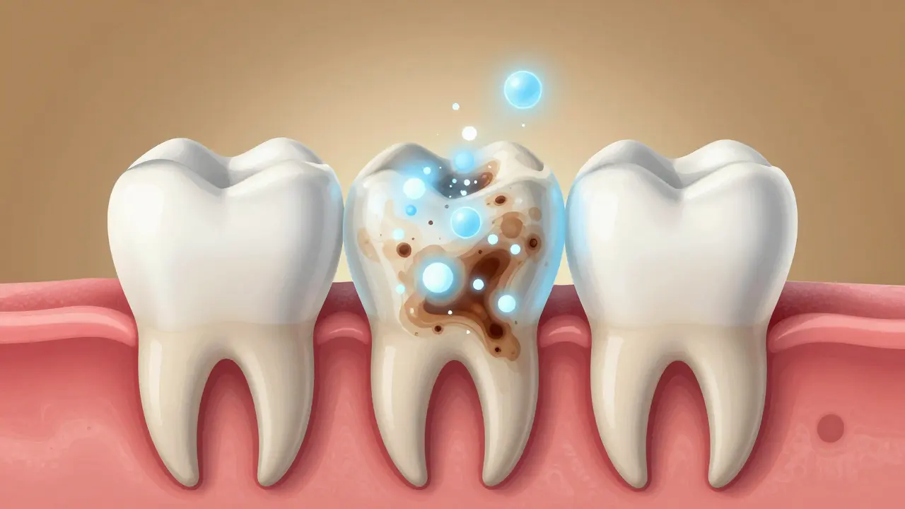 Křížový řez zubu ukazující, jak bělící gel proniká do skloviny a rozkládá skvrny.