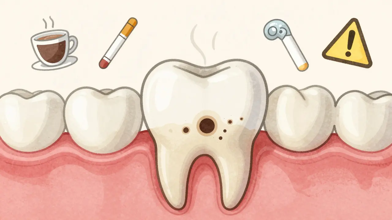 Křížový řez zubu ukazující pronikání peroxidu do skloviny, s ikonami kávy, cigaret a plomby.