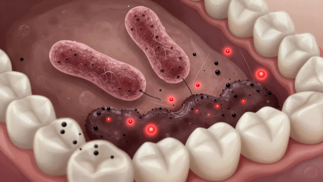 Mikroskopický pohled na bakterie přeměňující železo v slinách na černý pigment na zubu.
