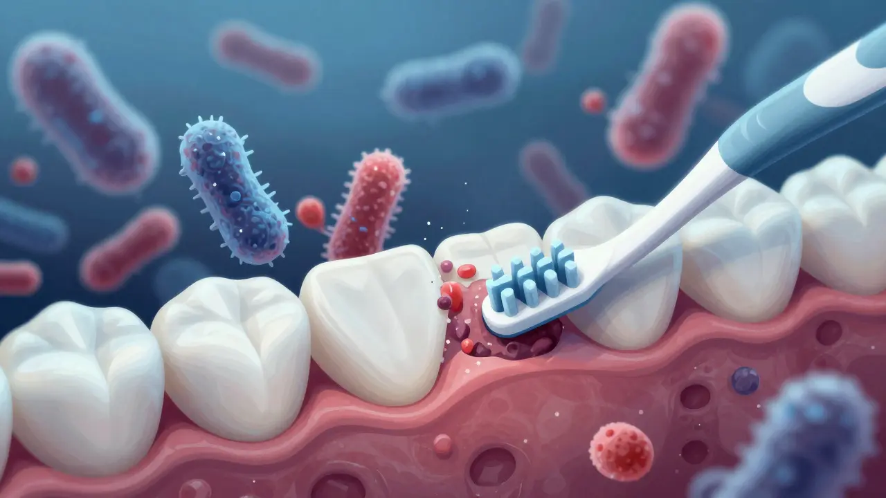 Mikroskopický pohled na zubní plak a kartáček, který ho odstraňuje.
