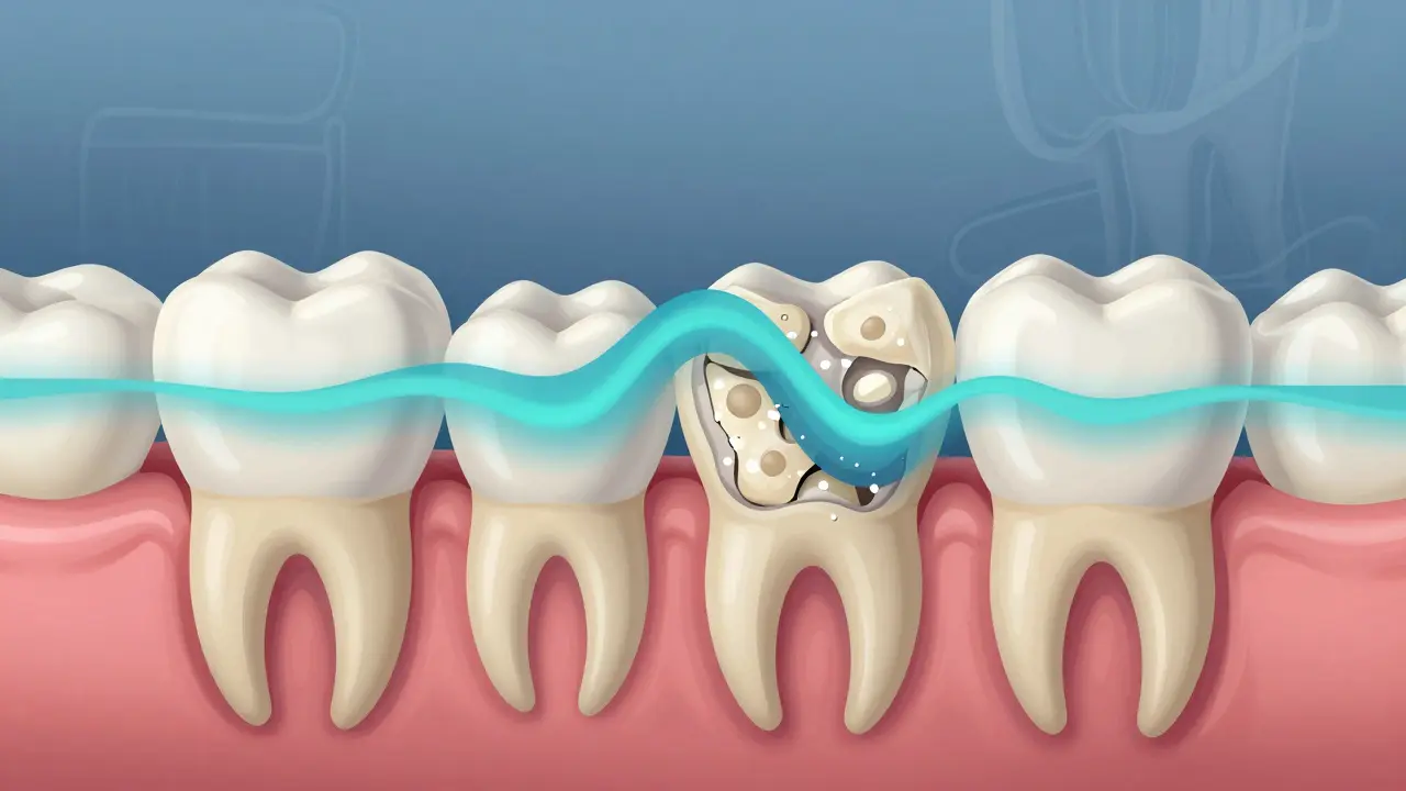 Přehledný vnitřní pohled na zub, kde ultrazvukové vlny rozpadají plak a kámen u dásně.