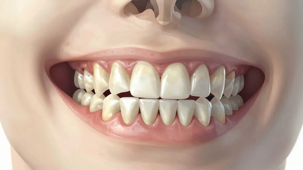 Příčný řez čelistí s přílišným překryvem horních a dolních zubů.