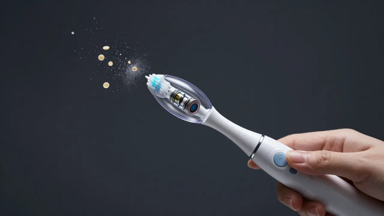 Průhledný ultrazvukový čistič zubů s viditelnými komponentami a částicemi plaku ve vzduchu.