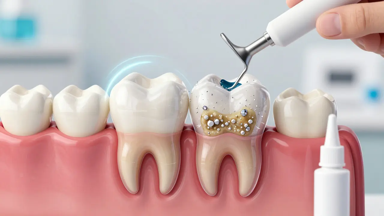 První trvalý molár s transparentním přehledem: jedna část zdravá, druhá pokrytá mineralizovaným kamenem, s nástrojem pro odstranění.