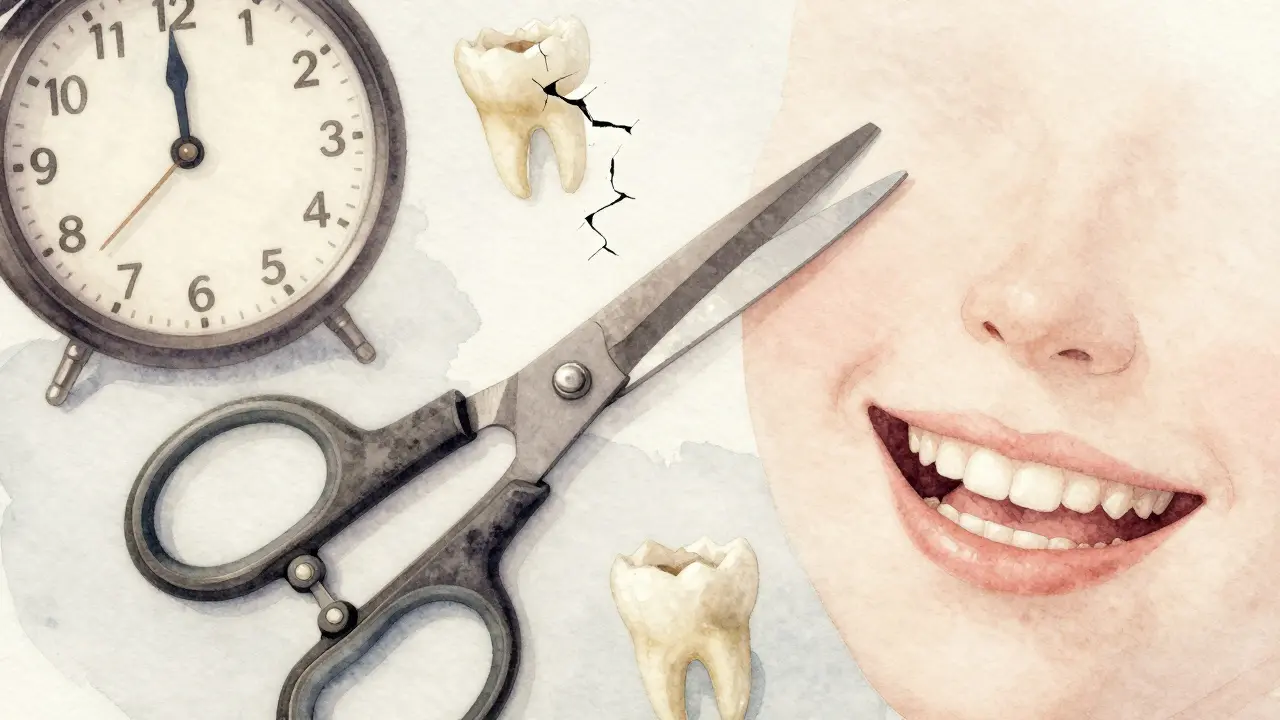 Rozbité nůžky, kde jedna čeříka je úplně zakrytá, symbolizující nůžkový skus.