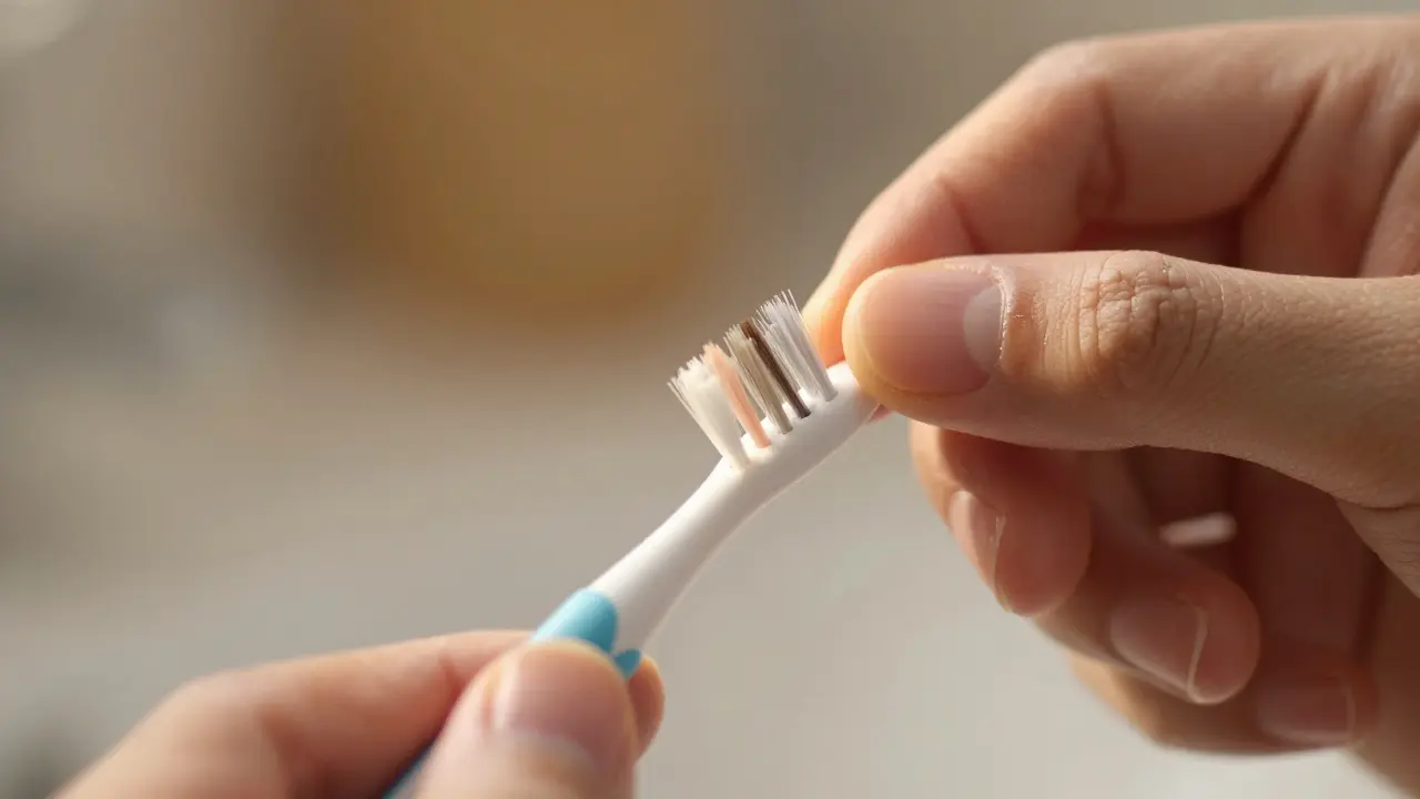 Ruka vkládá mezizubní kartáček mezi zuby pro čištění plaku.