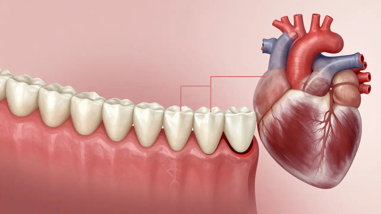 Srovnání zdravého a poškozeného čelistního kostí kvůli zubnímu kamenu, s propojením k srdci.