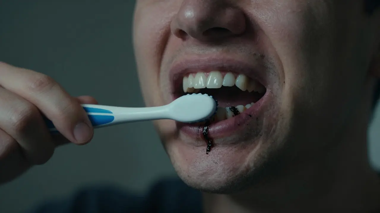 Stínový vývoj zubního kamene, který se šíří do dásní a kosti, symbolizující skrytý zánět.