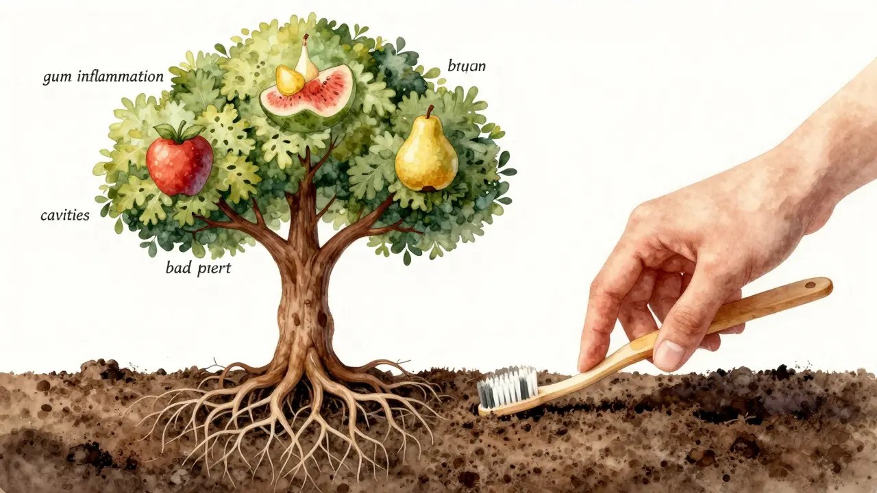 Symbolický obraz zubního kartáčku, který se mění v strom s plody zubních problémů.