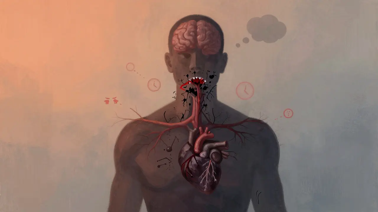 Tělo s černými zánětlivými kořeny vycházejícími z úst do mozku a srdce