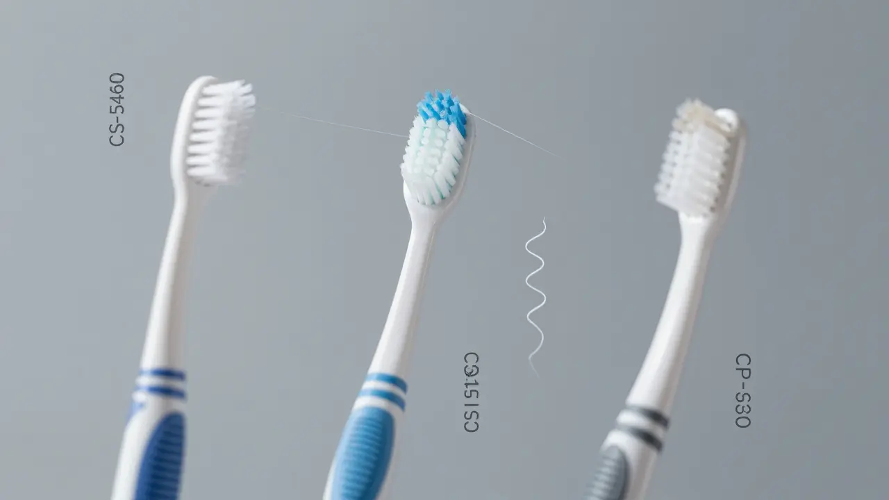 Tři modely Curaprox kartáčků s různými typy vlasů a jemná nitě CURET na neutrálním pozadí.