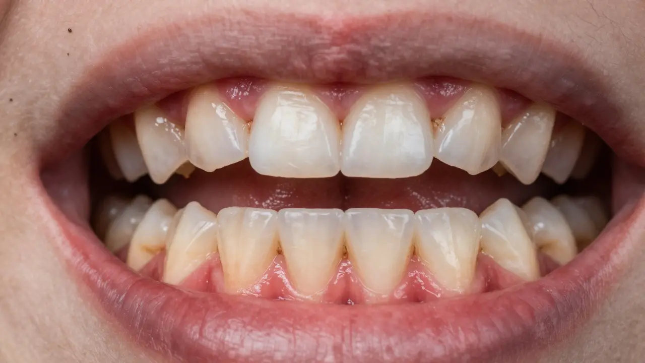 Zapalované dásně s viditelným plakem mezi zuby.