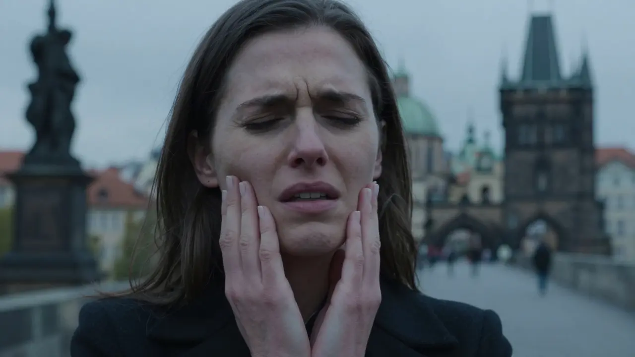 Žena držící čelist s bolestí, výraz utrpení na obličeji.