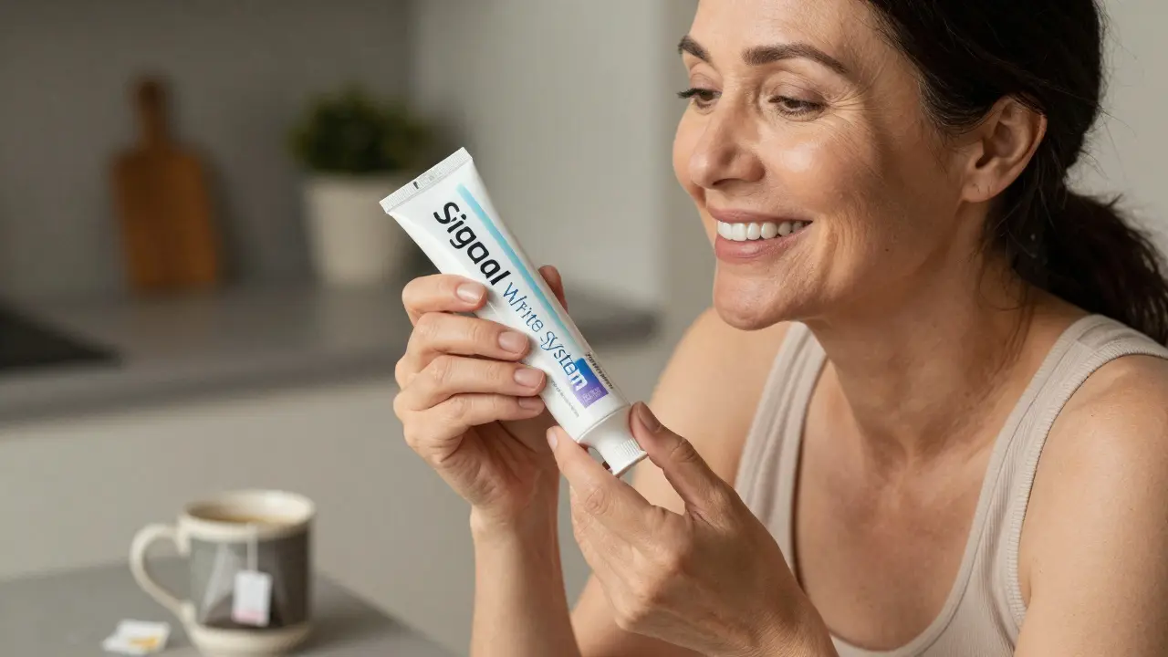 Žena se směje do zrcadla, drží bělící zubní pastu, její zuby jsou přirozeně jasnější, za ní káva a čaj.