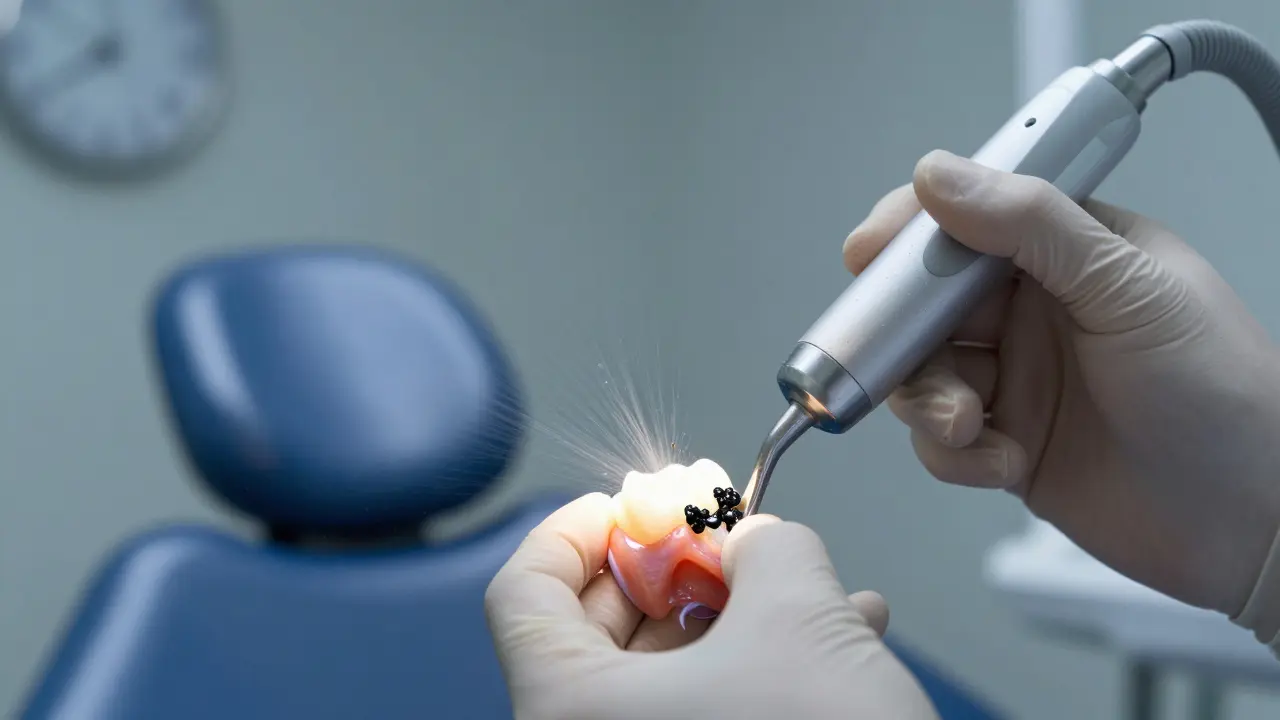 Zubní hygienistka odstraňuje černý zubní kámen ultrazvukovým přístrojem