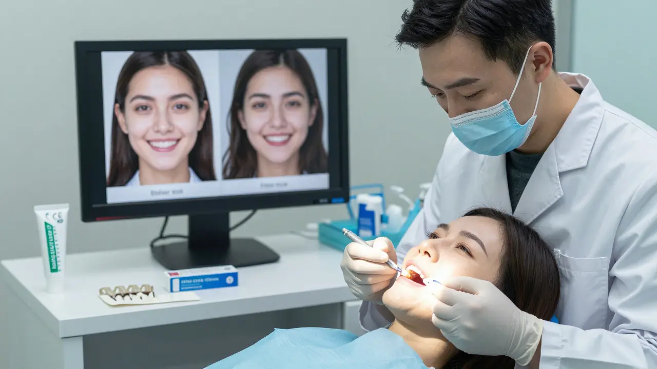 Zubní lékař aplikuje fluoridový gel pacientovi, zatímco na stole leží legální a nelegální bělicí produkty.