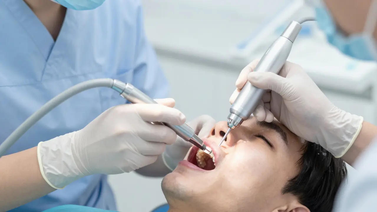 Zubní lékař používá ultrazvukové skrabání při čištění zubů.