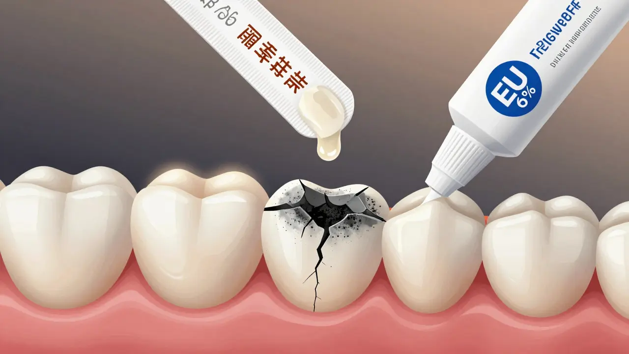 Zvětšený pohled na poškozenou zubní sklovinku způsobenou agresivními látkami v podvodných bělicích páskách.