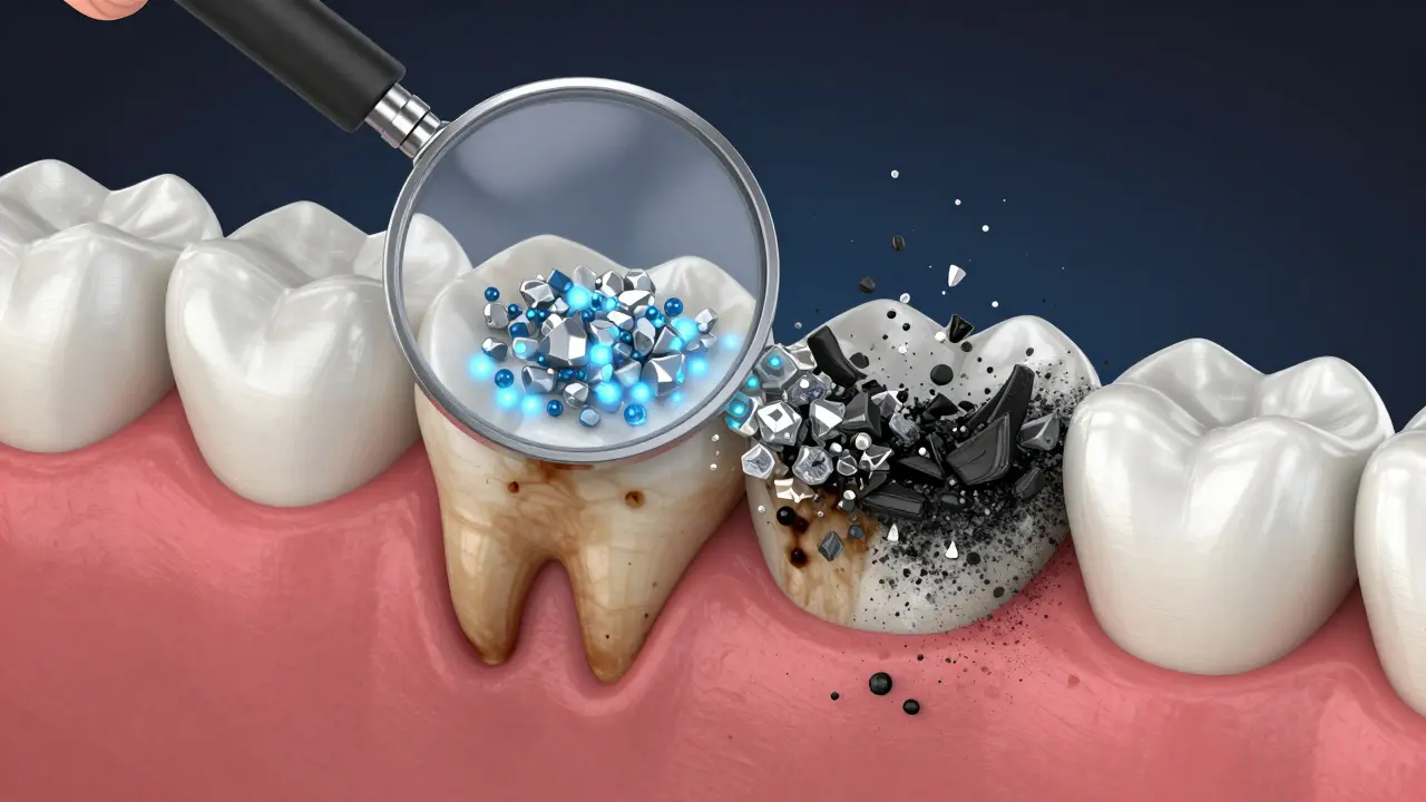 Zvětšený pohled na zubní sklovinu s odstraňováním skvrn enzymy a hydroxyapatitem, agresivní látky jsou odmítnuty.