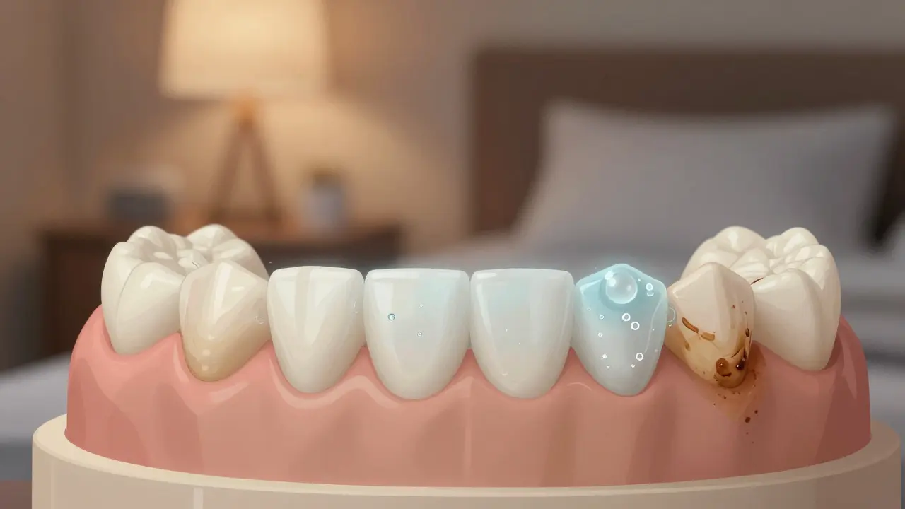 Bělící gel v čepičce proniká do zubního smaltu, zatímco povrchové skvrny z kávy a tabáku zůstávají viditelné.