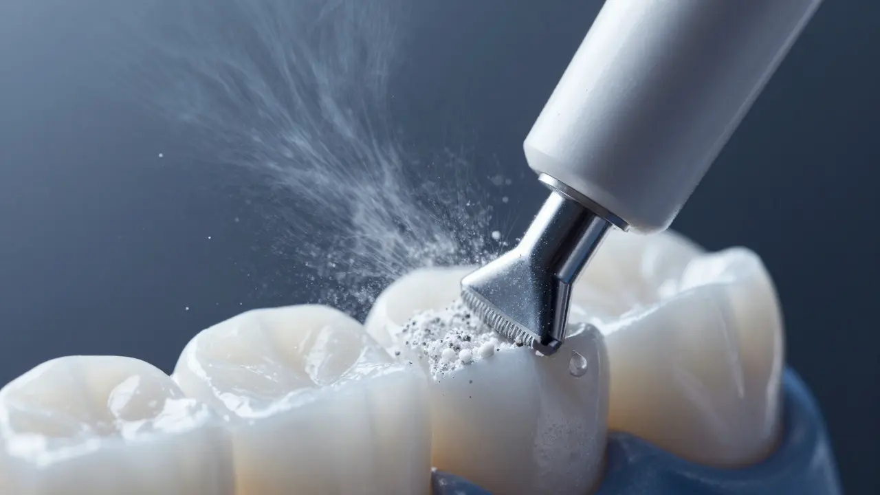 Blízový záběr technologie při čištění zubního povrchu
