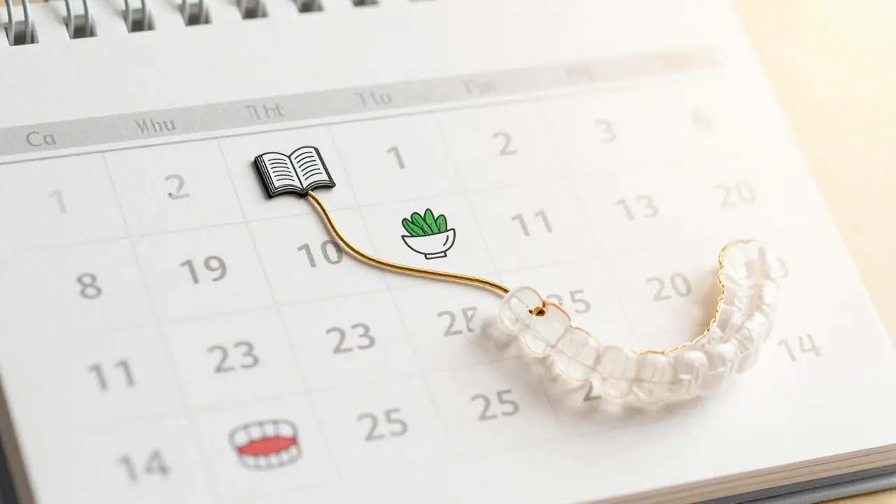 Calendar with daily symbols showing progress toward a healthy smile over two weeks.