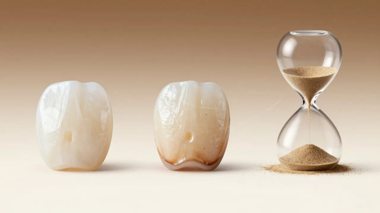 Časová osa životnosti kompozitních fazet: nové, opotřebované a poškozené.