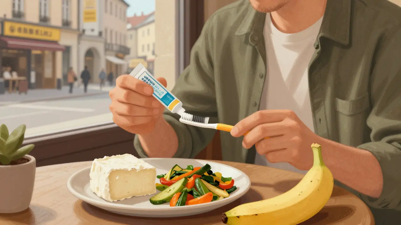 Cestovatel si užívá pokrm na zahraniční kavárně, na stole má bezpečné potraviny a ortodontické potřeby.