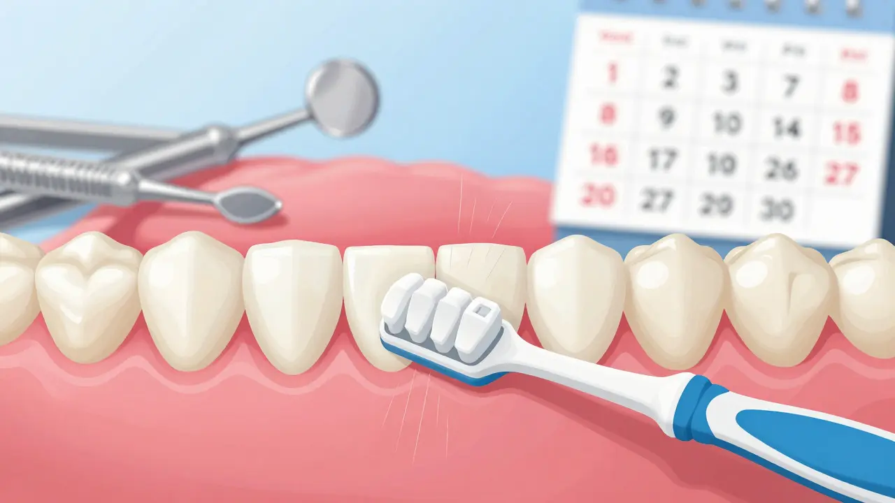 Čistý mezizubní kartáček mezi zuby s odstraněným plakem.