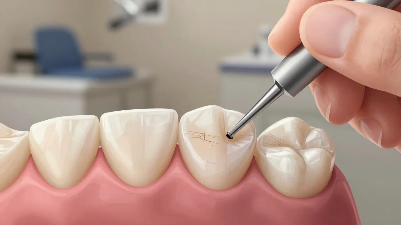 Dentista jemně poléruje kompozitní fazetu na zubě, viditelné mikrotrhliny.