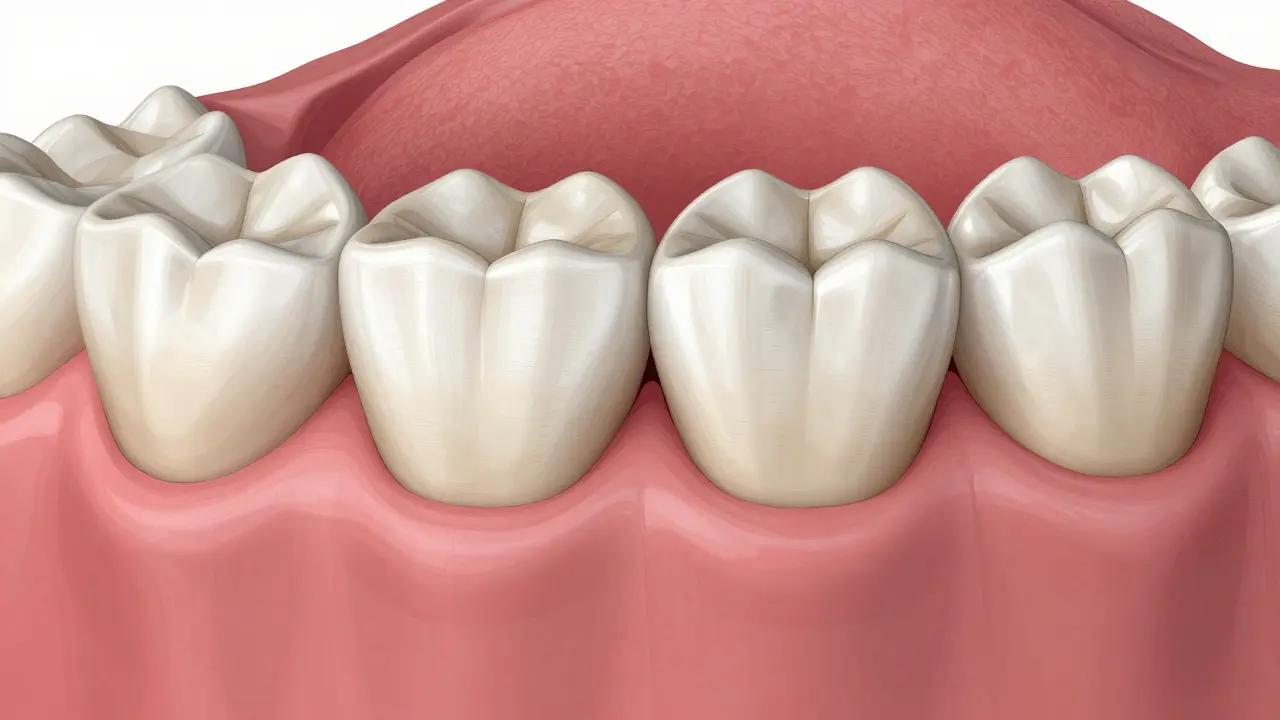 Detailní pohled na čtyři moláry s hlubokými jamkami a dásňovou tkání.