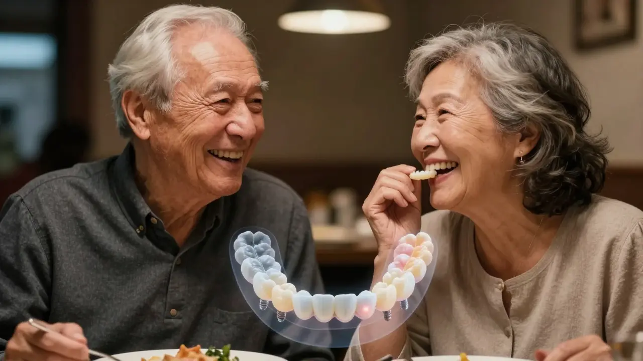 Dva staří lidé se smějí při jídle, s transparentním zobrazením vnitřních zubních protéz.