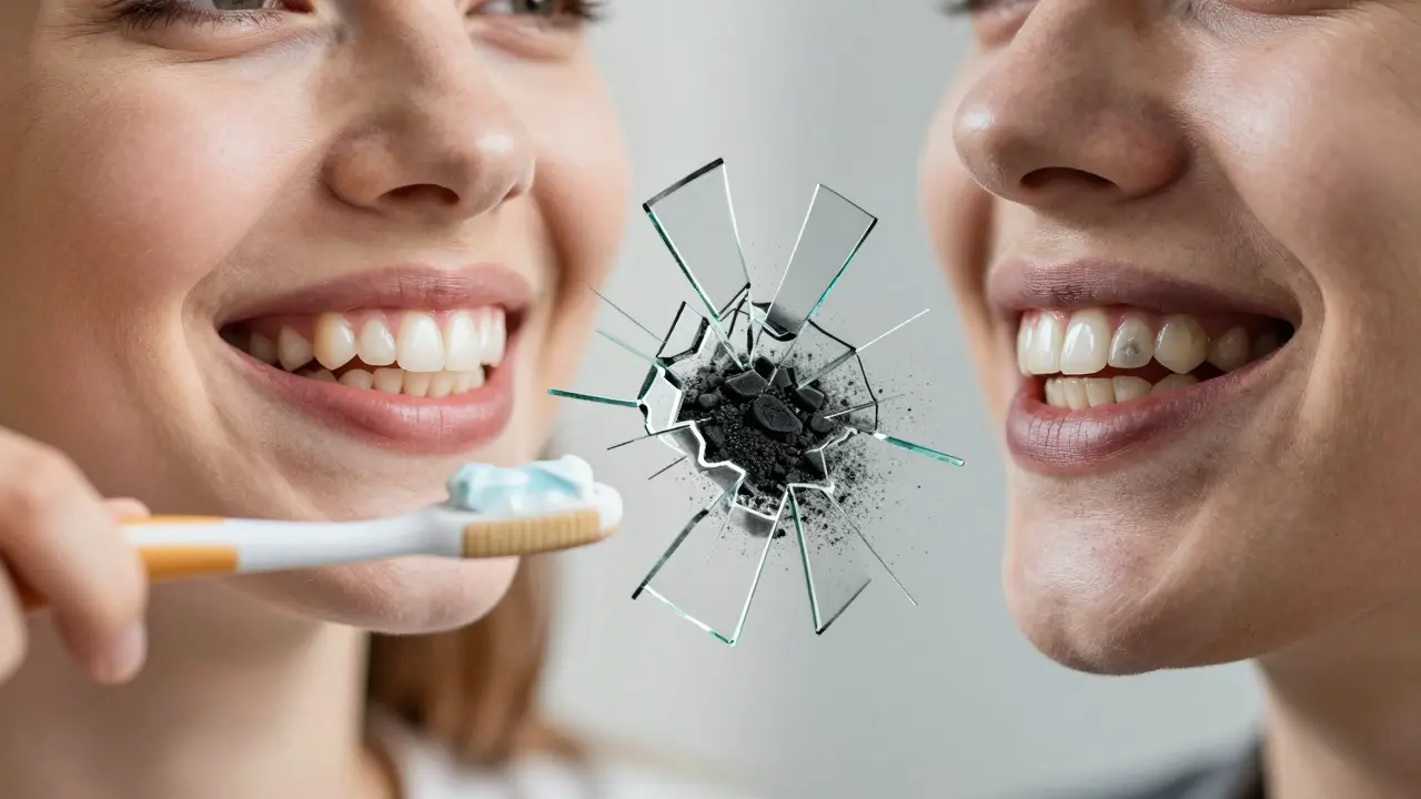 Dvojitý obraz: zdravé zuby vlevo a poškozené zuby vpravo s náznakem ztracené skloviny.