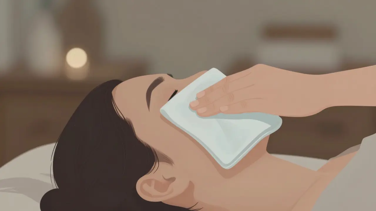 Hand applying a cool cloth to the jaw for comfort during orthodontic adjustment.