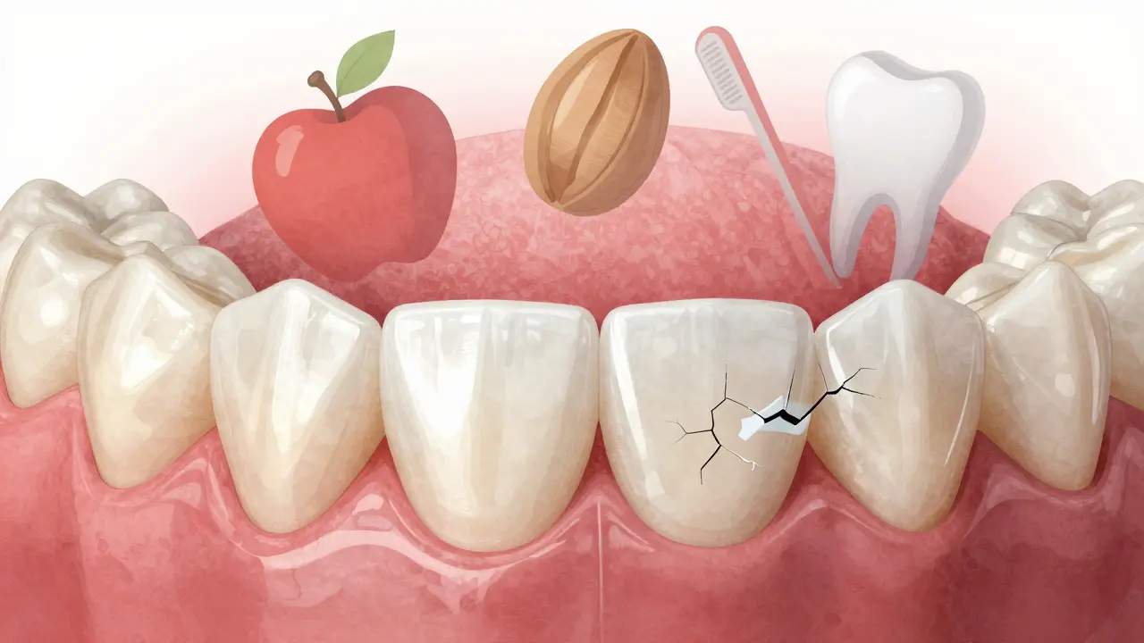 Keramická fazeta na zubě s prasklinami plomby a ikonami tvrdých potravin