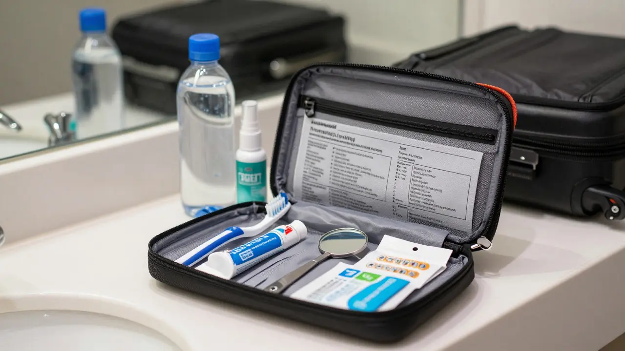 Malá cestovní taška s ortodontickými potřebami: vosk, kartáčky, pasta a tisková kopie léčebného plánu.