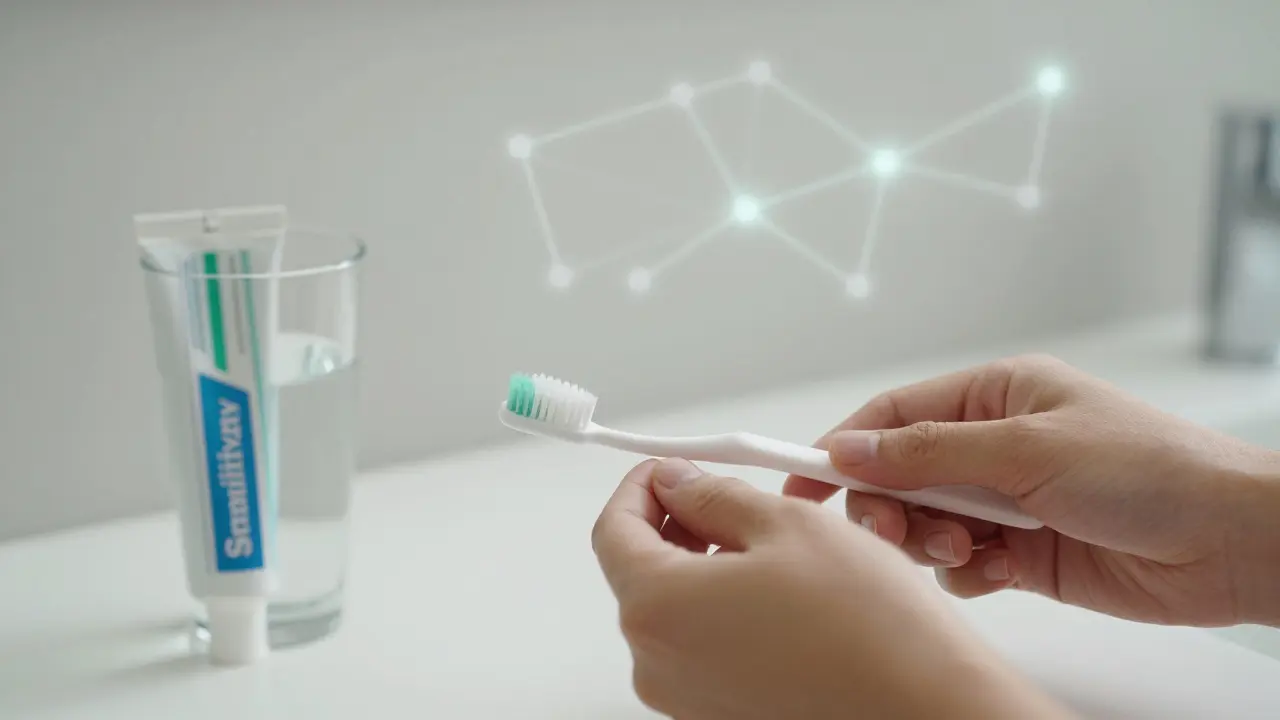 Měkký kartáček a pasta pro citlivé zuby vedle sklenice vody jako symbol prevence.