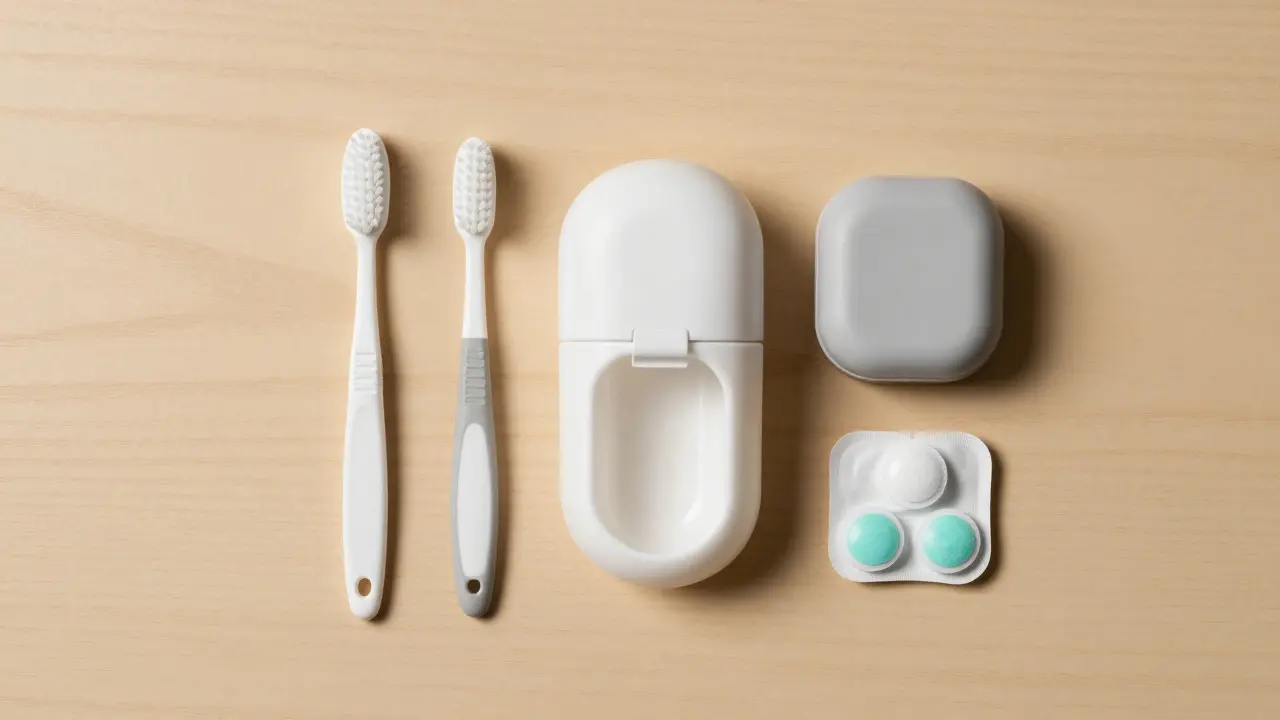 Nástroje pro péči o rovnátka: kartáček, pouzdro a tablety.