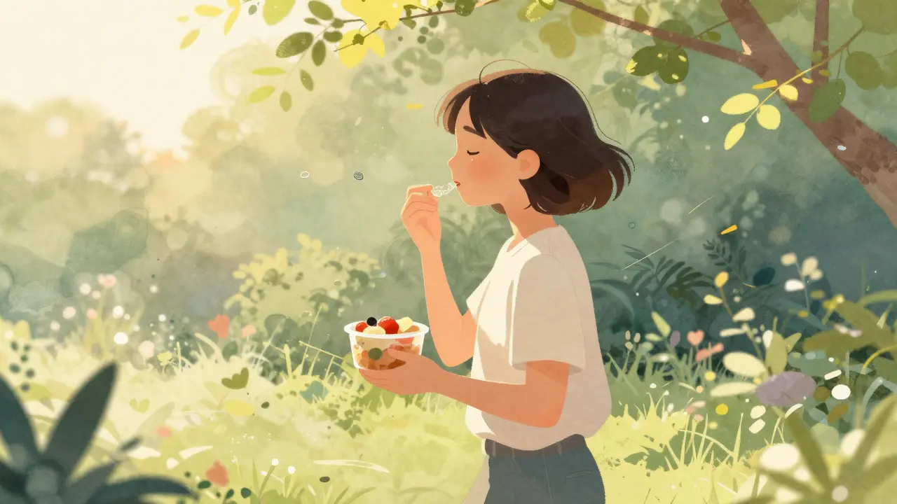 Osoba žvýká jídlo v zahradě při zlatém světle, oči zavřené, pocit klidu.