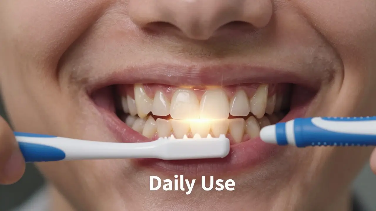 Porovnání zdravého a nemocného ústního dutiny s mezizubním kartáčkem.