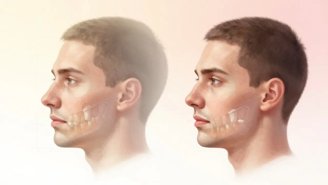 Před a po srovnání kostí čelisti s přehlednými průhlednými vrstvami ukazujícími chirurgickou úpravu.