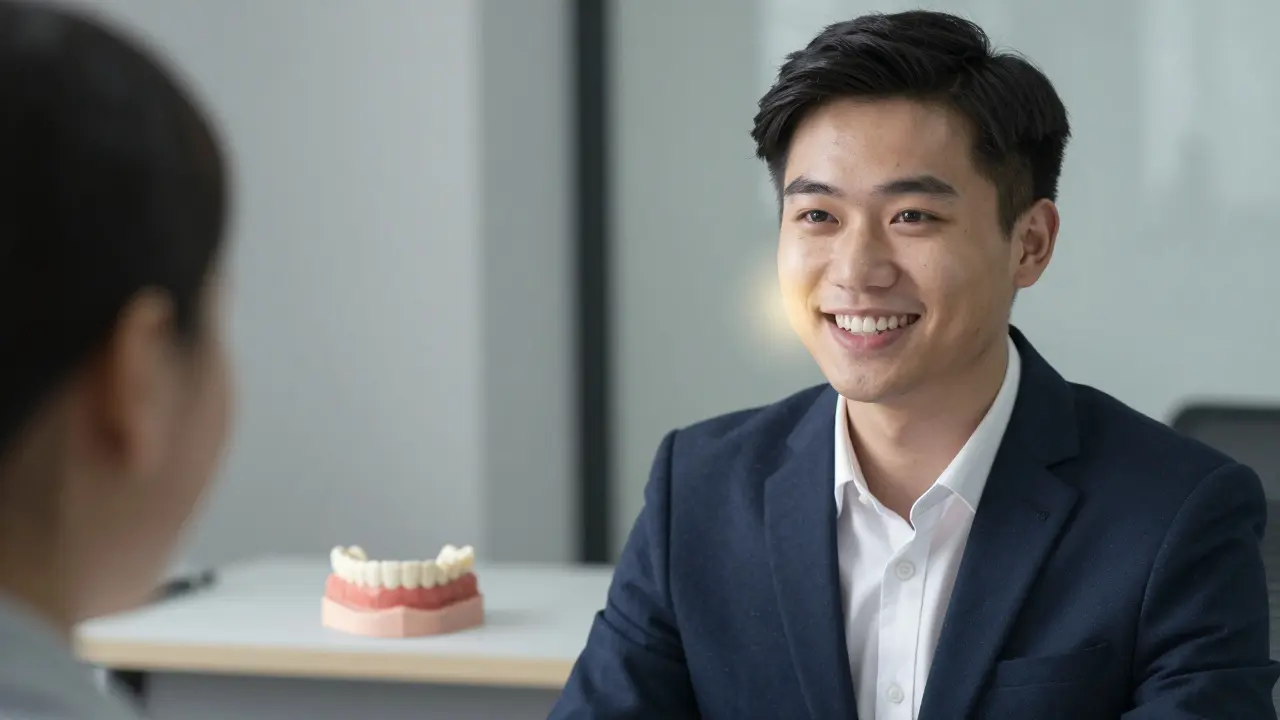 Profesionál s přirozeným úsměvem během pohovoru, zvýrazňující sebevědomí.