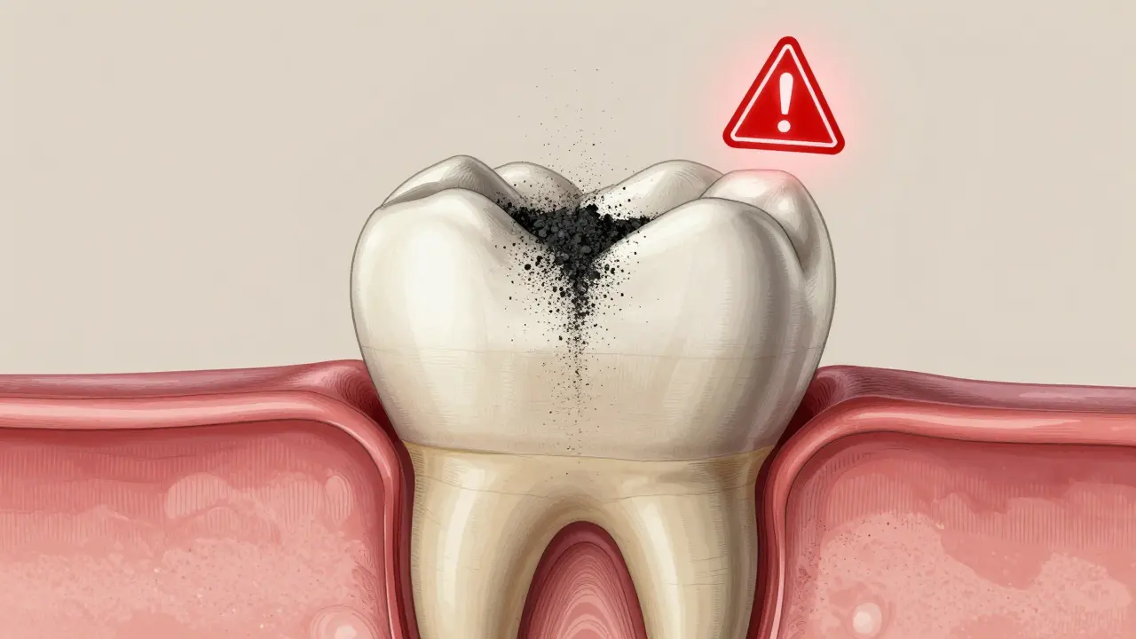 Průřez zubem ukazující, jak černé uhlí abrazivně opotřebovává sklovinu a odhaluje dentin.
