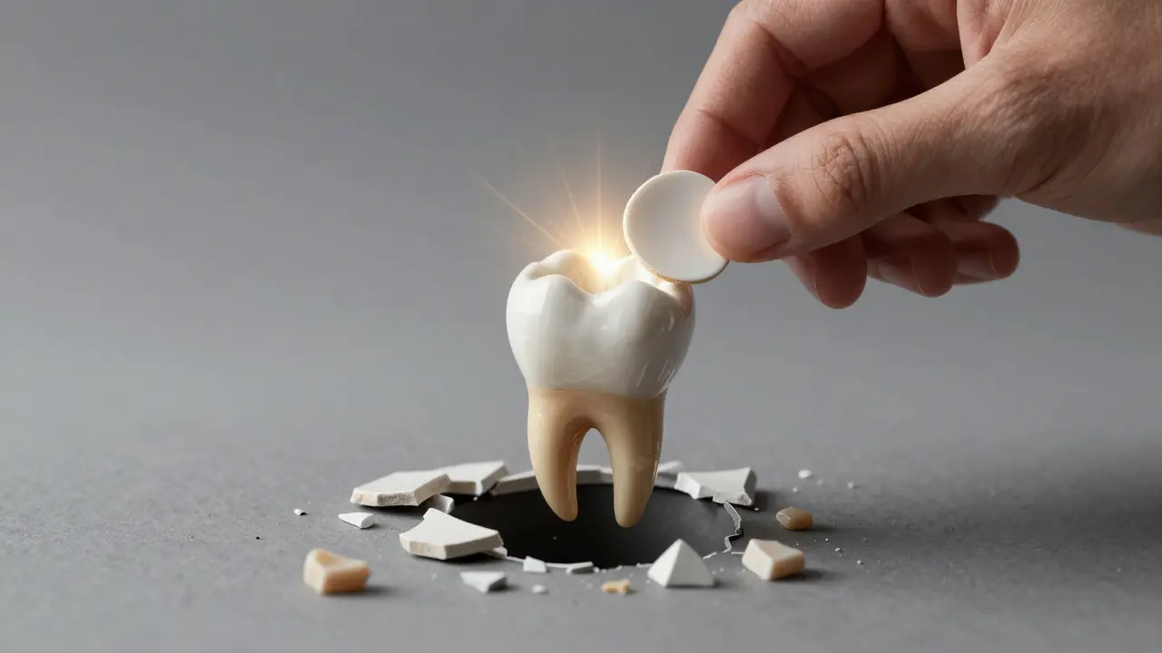 Ruce drží keramickou fazetu, zatímco kousky rozbité plomby padají do tmy